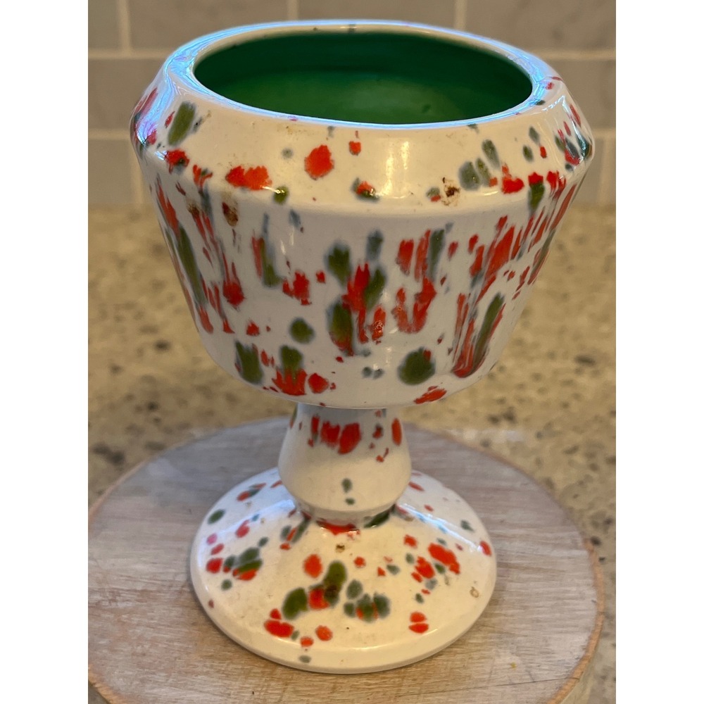 Red Green Splatter Glaze Ceramic Pedestal Planter Goblet Vase MCM